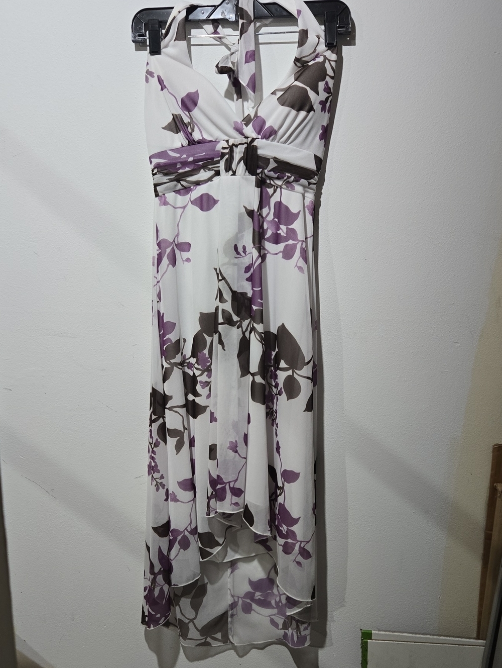 Speechless White Halter High-Low Dress with Purple and Brown Floral Print